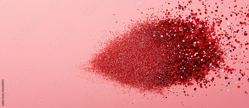 Red glitter scattered on a soft pink background creating a vibrant texture emphasizing elegance and celebration in a minimalist flat lay composition. Red glitter scattered on a soft pink background creating a vibrant texture emphasizing elegance and celebration in a minimalist flat lay composition.