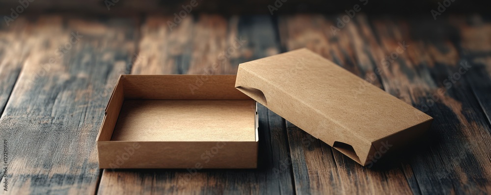 Open kraft paper box on rustic wooden table surface Open kraft paper box on rustic wooden table surface