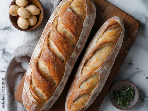 Crispy baguette bread. Bakery photography.