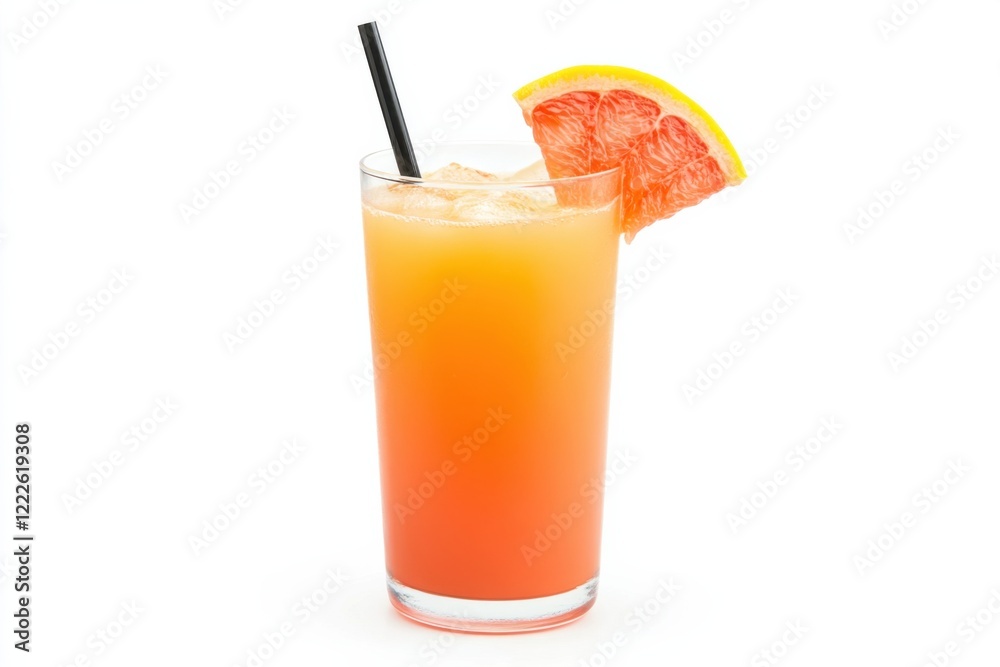 Refreshing grapefruit juice served in a tall glass with ice and a citrus slice on a clean white background for a vibrant look Refreshing grapefruit juice served in a tall glass with ice and a citrus slice on a clean white background for a vibrant look