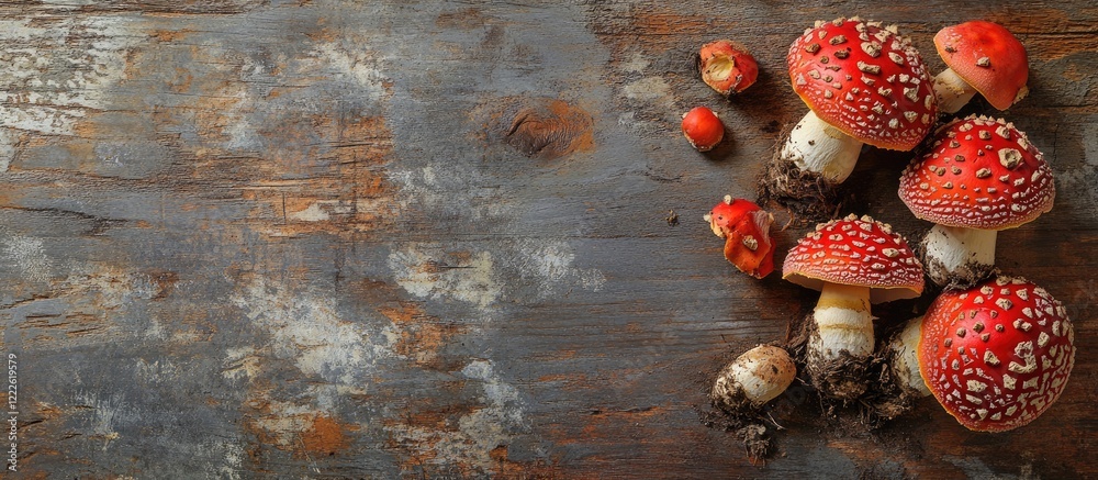 Fototapeta premium Vibrant red Amanita muscaria mushrooms with white spots on a rustic wooden table background highlighting rich textures and earthy tones