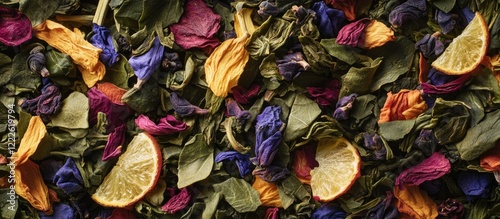 Vibrant herbal tea blend with greens and colorful dried fruits, featuring deep greens and bright yellows arranged harmoniously in a flat lay.