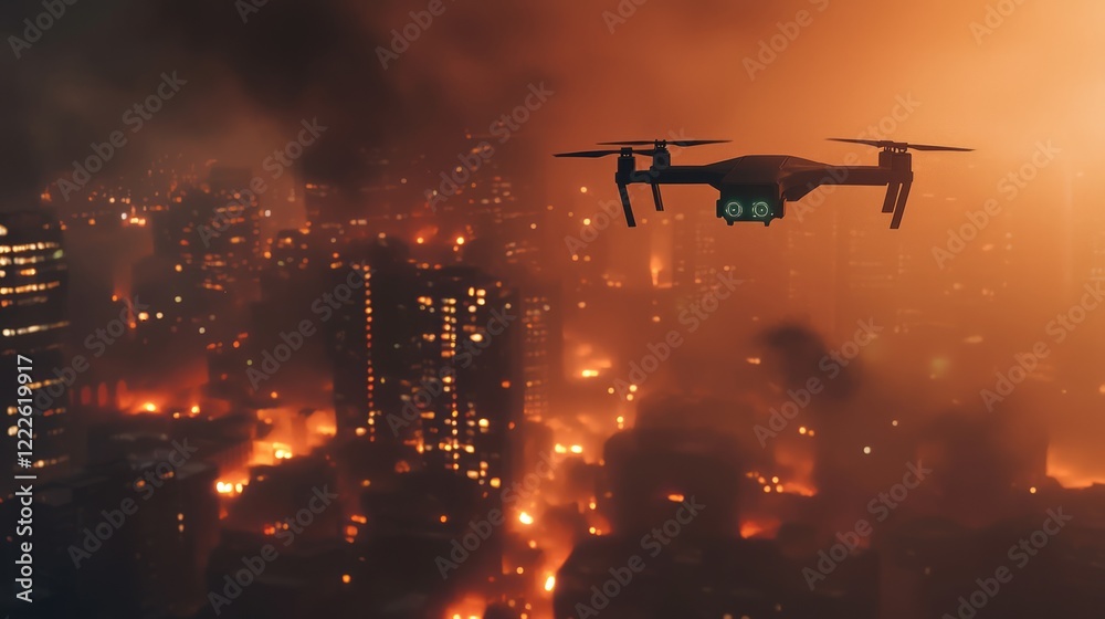 Drone Flying Over Fiery Cityscape at Night with Flickering Lights Drone Flying Over Fiery Cityscape at Night with Flickering Lights
