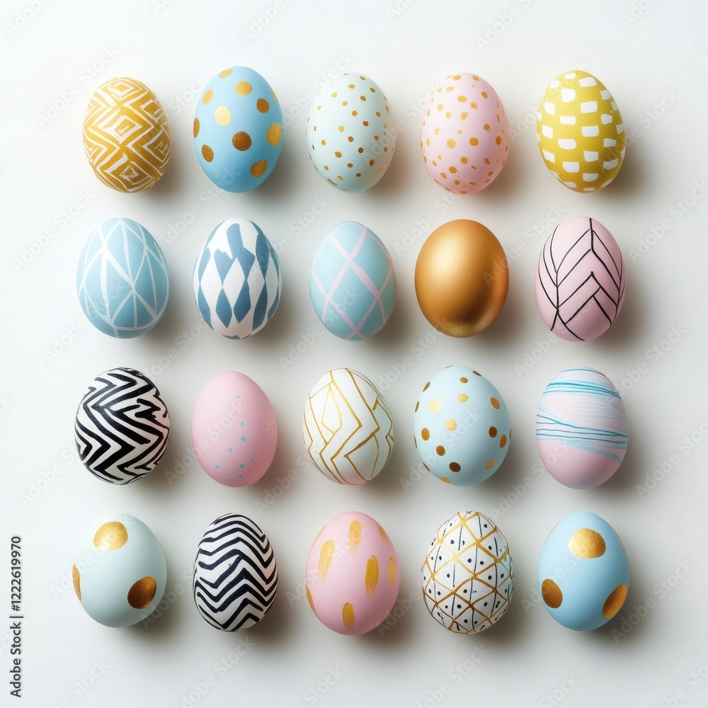 Decorative eggs arranged in creative patterns for a colorful spring celebration