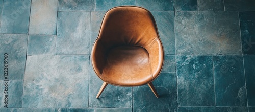 Aerial view of a brown modern chair centered on blue stone tiles with ample negative space around the chair for creative design concepts photo