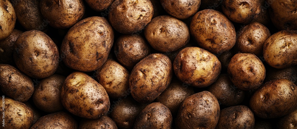 Rustic brown roasted potatoes arranged in a top view on a dark contrasting surface showcasing their textured skin and appetizing appeal