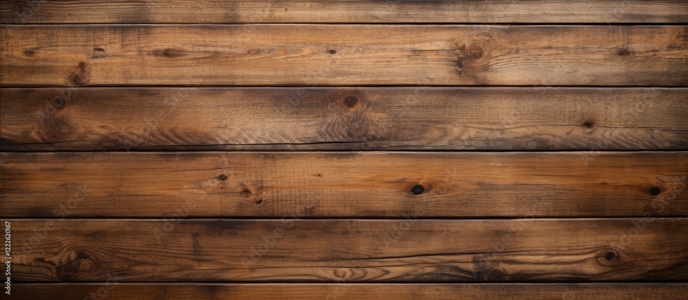 Naklejka premium Rustic wooden texture with dark brown planks featuring natural grain patterns, arranged horizontally to create a warm and inviting background.