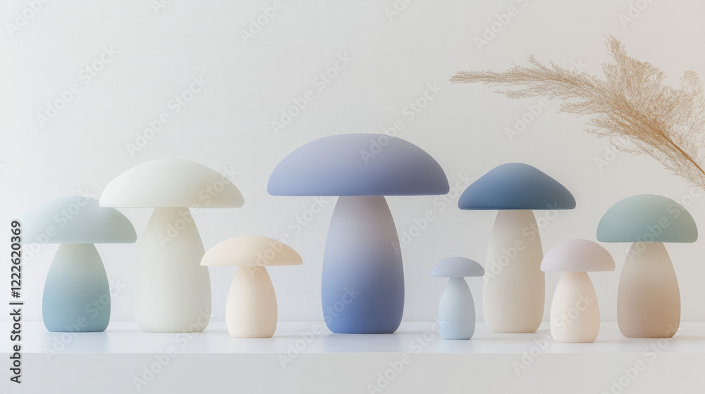 A minimalist composition of sculptural mushrooms in a gradient of blue-green tones, arranged neatly