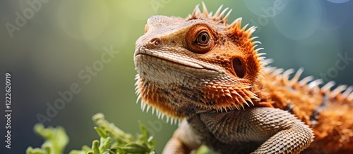 Bearded dragon lizard portrait displaying vibrant orange and brown hues with textured skin, positioned on green foliage blurring softly in background. photo