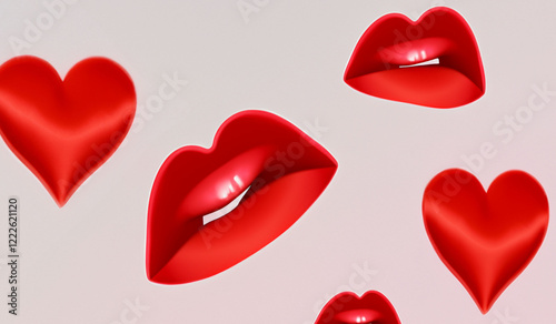 Flying abstract red hearts and lips on white romantic decorative background