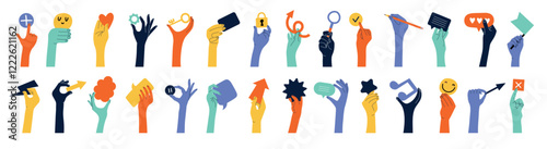 Hands holding. Different objects in human hands ribbons speech bubbles hearts gestures flags and stars recent vector illustration set