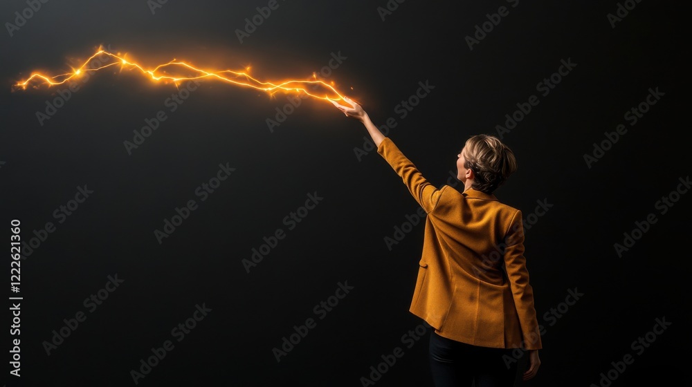 A person in a stylish outfit reaches out, creating a striking lightning effect against a dark background. A person in a stylish outfit reaches out, creating a striking lightning effect against a dark background.
