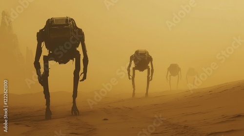 Silhouettes of Mechanical Walkers in Desert Landscape at Sunset photo