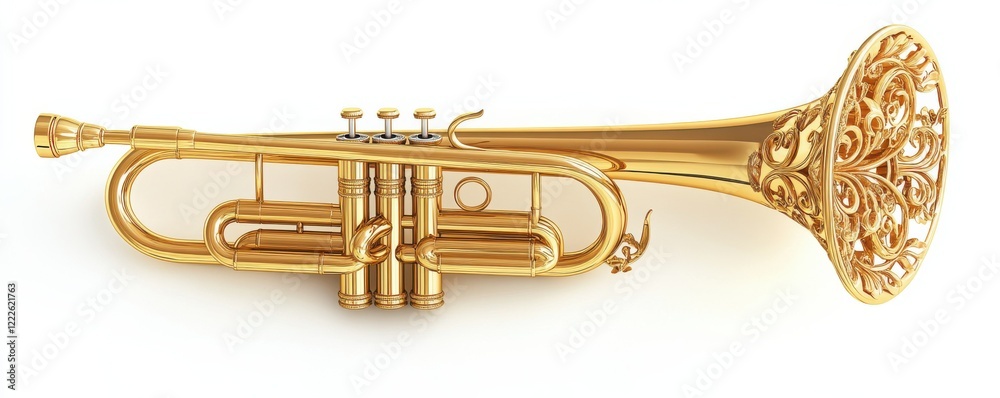 Obraz premium Ornate gold trumpet with intricate floral engravings on white background