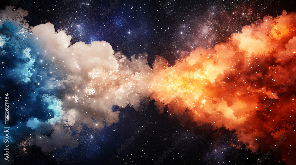 Naklejka premium Celestial clouds collide in cosmic dance of blue and orange hues, creating stunning visual of space and energy. This artwork captures beauty of universe