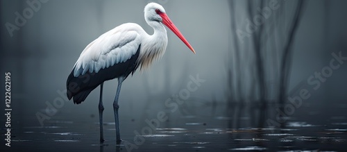 Stork Ciconia ciconia standing gracefully in shallow water, featuring black and white plumage and vibrant red beak, surrounded by a misty background.