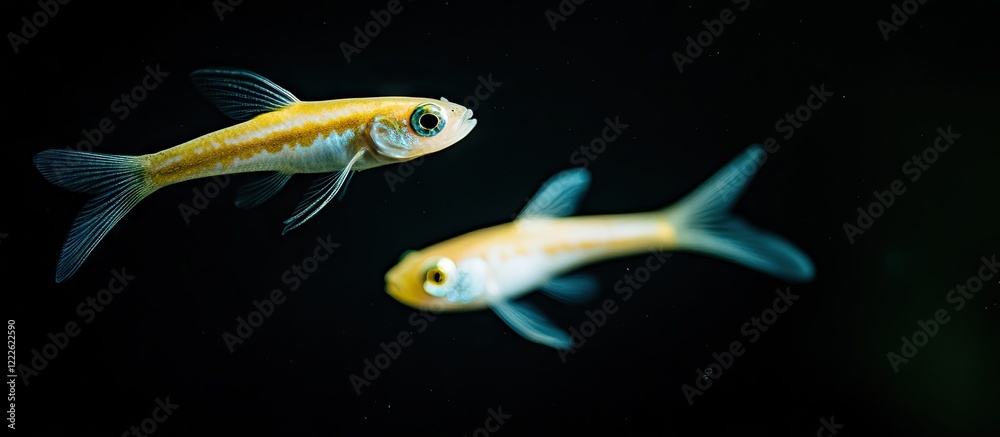 Naklejka premium Two creamy Prelude Danios fish swimming side by side against a dark background, showcasing vibrant yellow and blue colors in natural habitat.