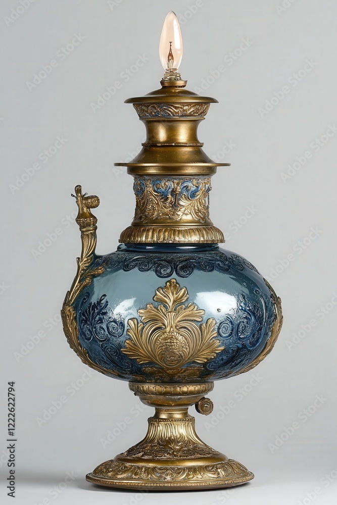 A 19th-century oil lamp with ornate brass detailing A 19th-century oil lamp with ornate brass detailing