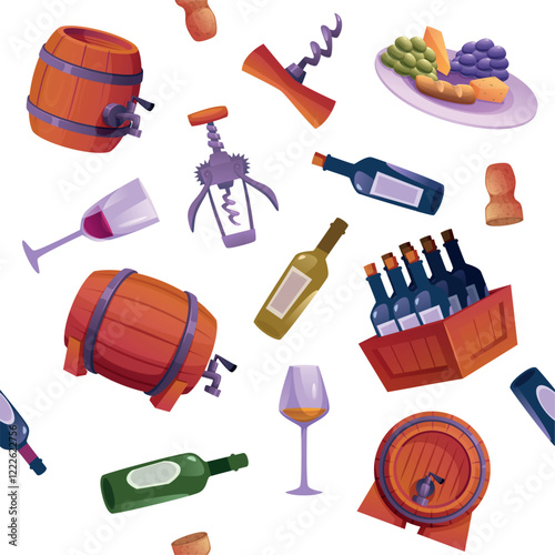 Wine pattern. alcohol red and white wines and winery tools jars and barrels. vector seamless background