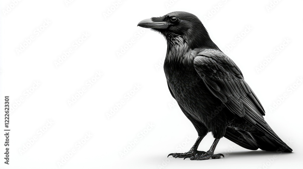 Fototapeta premium A majestic black raven stands isolated on white