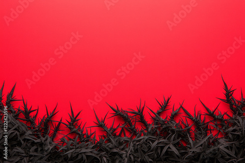 An artistic array of coiling green thorny stems set against a dramatic red gradient background, high photo