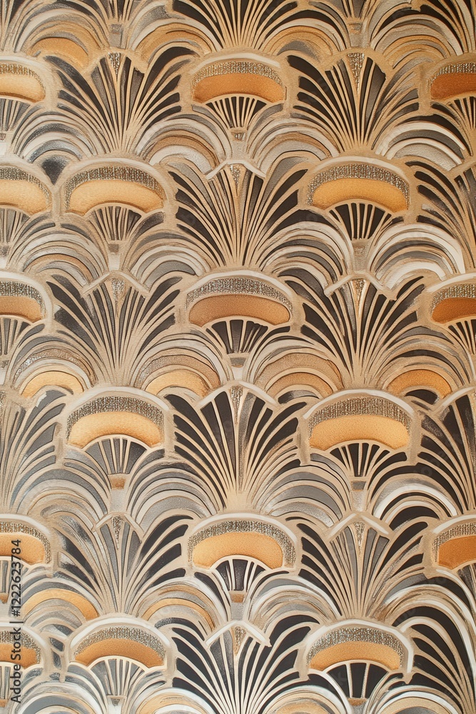 A 1920s Art Deco pattern featuring geometric designs in metallic hues A 1920s Art Deco pattern featuring geometric designs in metallic hues