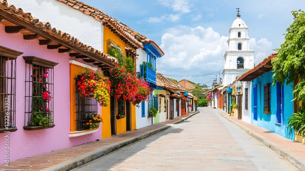 Fototapeta premium Vibrant Colorful Colonial Street Scene with Church Tower