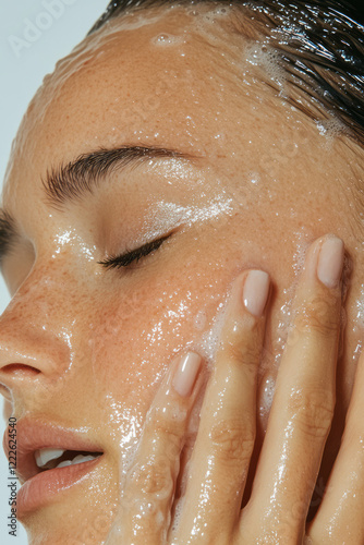 A clean, minimal shot highlighting a womanâ€™s serene profile, smoothing a pearly hair cream into he photo