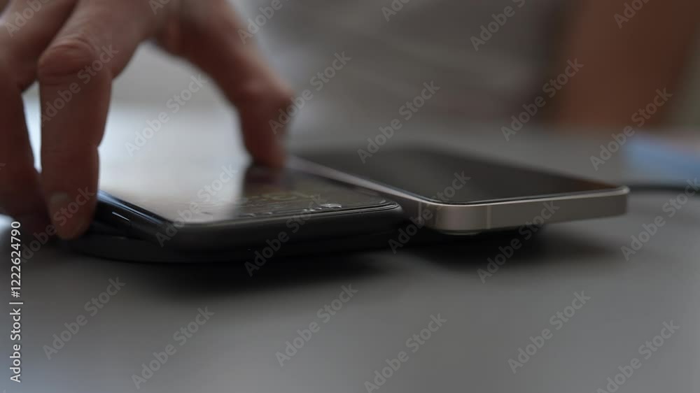 Person taking smartphone from wireless charging pad, demonstrating seamless power transfer and contemporary mobile technology convenience. Concept of contemporary wireless technology convenience. Person taking smartphone from wireless charging pad, demonstrating seamless power transfer and contemporary mobile technology convenience. Concept of contemporary wireless technology convenience.