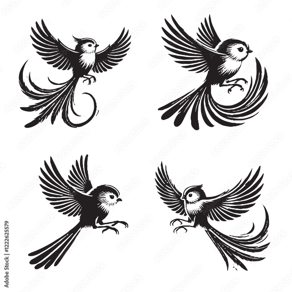 Obraz premium High-Quality Vector Silhouette of a Long-tailed Tit on White Background