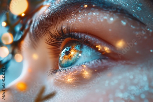 A hyper-realistic close-up of a person face lit by the glow of a mysterious object they are holding, with their eyes wide and reflections of the object shining in their pupils photo