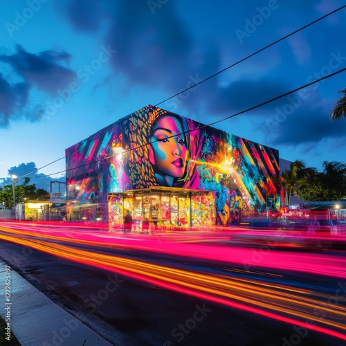 Miami, FL, USA - July 9, 2023: Long exposure photo of business and art at Wynwood art district 