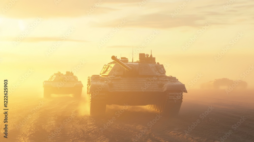 Fototapeta premium Advanced Tanks Crossing Terrain Under Golden Sunrise Glow