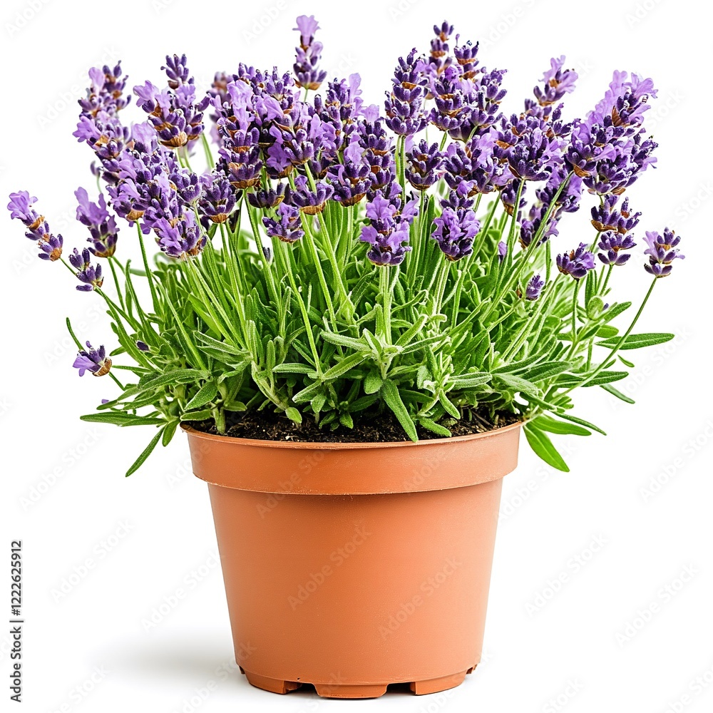 Fototapeta premium Lavender Plant with Purple Blooms in Brown Pot on White Background