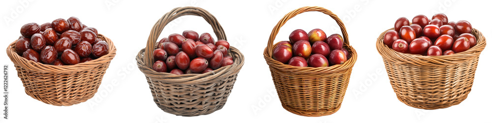 Basket containing jujube isolated on transparent background, PNG, Set of Basket containing jujube isolated on transparent background, PNG, Set of