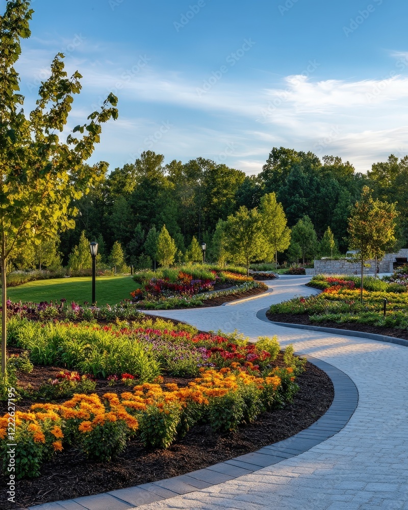 Obraz premium A beautifully landscaped park with walking paths and flower beds