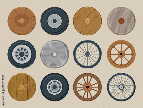 Transport wheels. Round cartoon shapes circles of different types vehicle wheels recent vector template set