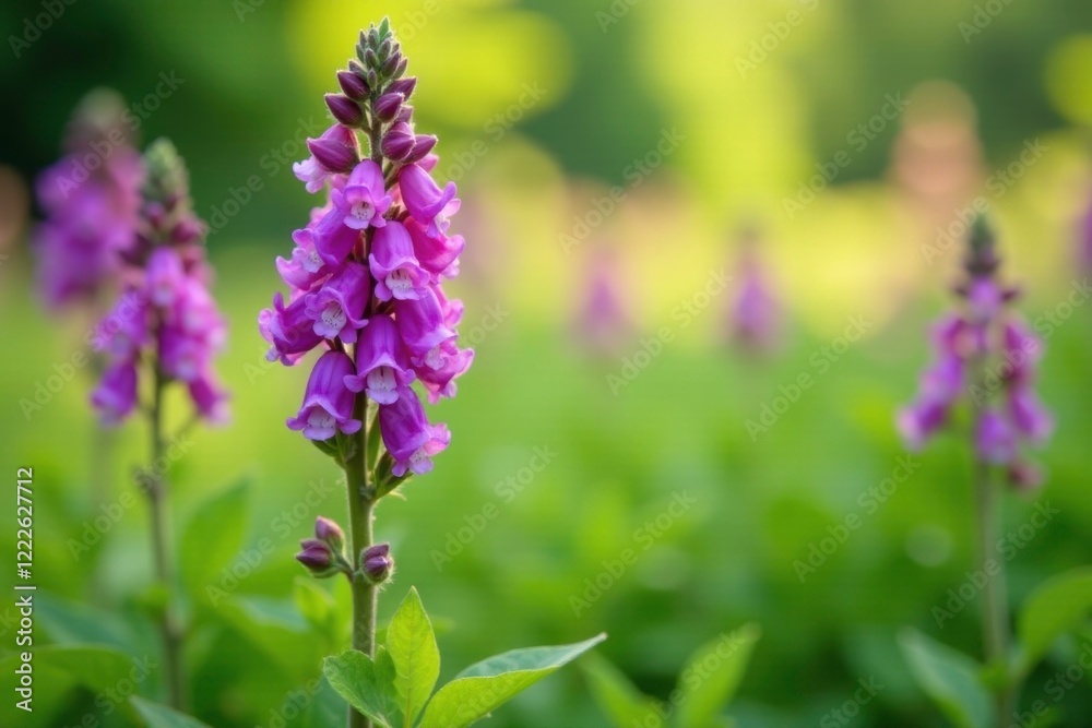 Purple flowers of Penstemon Sour Grapes blooming in a lush green meadow, , wildflowers, sour grapes Purple flowers of Penstemon Sour Grapes blooming in a lush green meadow, , wildflowers, sour grapes
