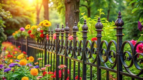 Rustic ornamental cast iron fence surrounded by lush greenery and vibrant flowers, iron fence design, outdoor decor