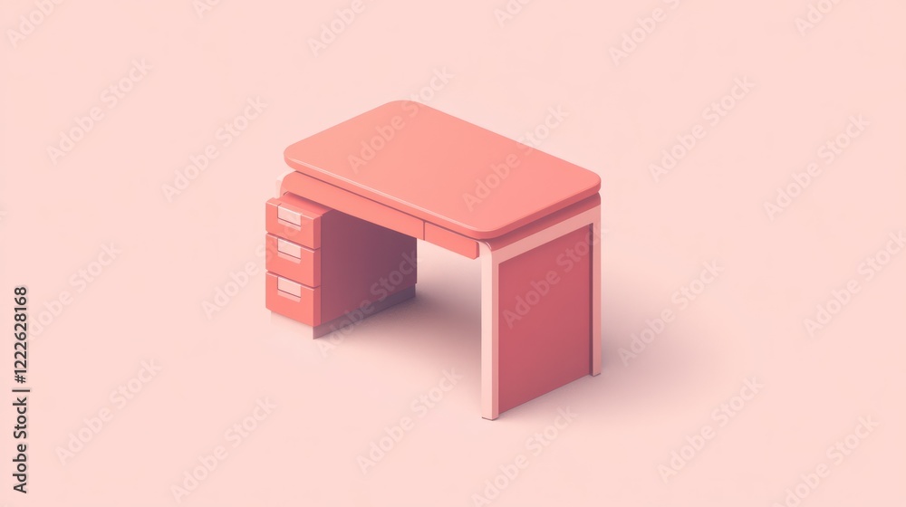 Obraz premium Isometric desk with drawers in a minimalistic style on pink background perfect for study or work