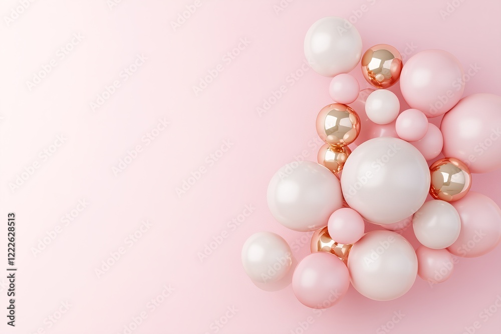 Soft pink and metallic gold balloons create a cheerful cluster, gently floating against a light pastel pink backdrop. Subtle shadows enhance the elegant and joyful feel of the setting Soft pink and metallic gold balloons create a cheerful cluster, gently floating against a light pastel pink backdrop. Subtle shadows enhance the elegant and joyful feel of the setting