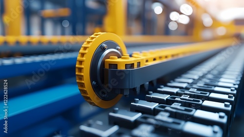 Wallpaper Mural A close-up view of a yellow industrial conveyor belt system, showcasing the gear mechanism and chain links in a manufacturing environment. Torontodigital.ca