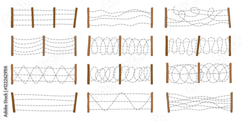 Barbed wire. Prison fences with different types of barbed wire recent vector military or danger zone metal walls