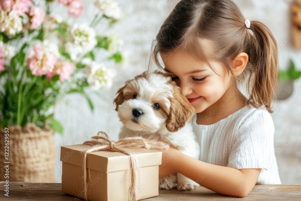A little girl unwrapping a puppy as a birthday present, her expression radiating pure delight as the puppy licks her face A little girl unwrapping a puppy as a birthday present, her expression radiating pure delight as the puppy licks her face
