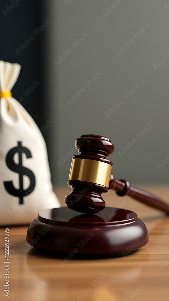 Judge's Gavel Next to a Bag with Dollar Symbol, Money and Justice, legal process, finance, law, decision, legal services, economy, corruption Judge's Gavel Next to a Bag with Dollar Symbol, Money and Justice, legal process, finance, law, decision, legal services, economy, corruption