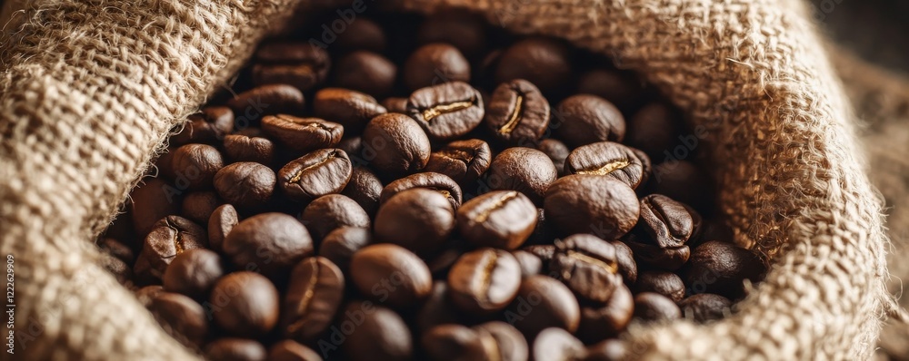 Fototapeta premium Close-up of fresh coffee beans in a burlap sack