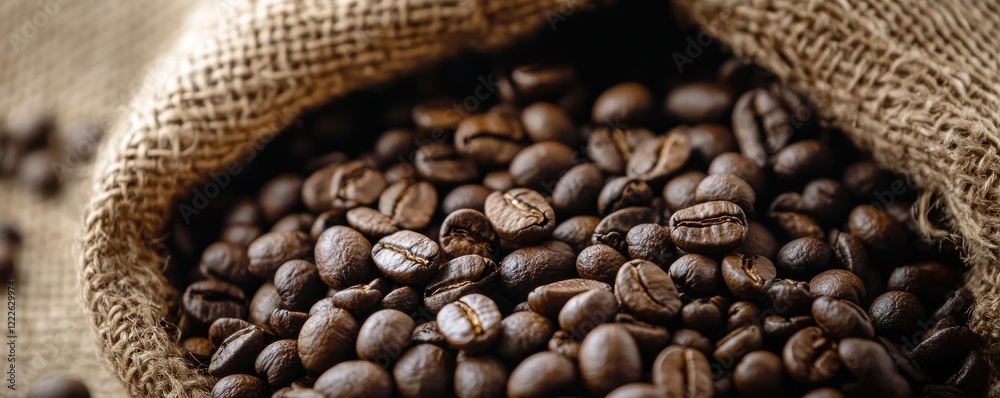 Burlap sack of freshly roasted coffee beans overflowing in a rustic setting Burlap sack of freshly roasted coffee beans overflowing in a rustic setting