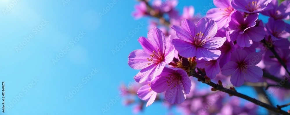 Fototapeta premium Purple flowers on a jacaranda tree against a blue sky, purple, spring