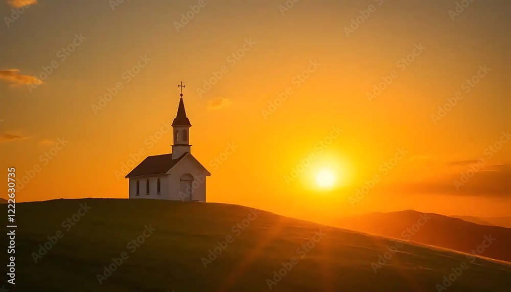 Naklejka premium Sunset Silhouette Of A Church On A Hilltop