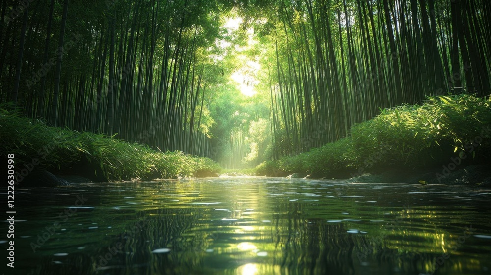 Fototapeta premium A serene bamboo forest with a stream.
